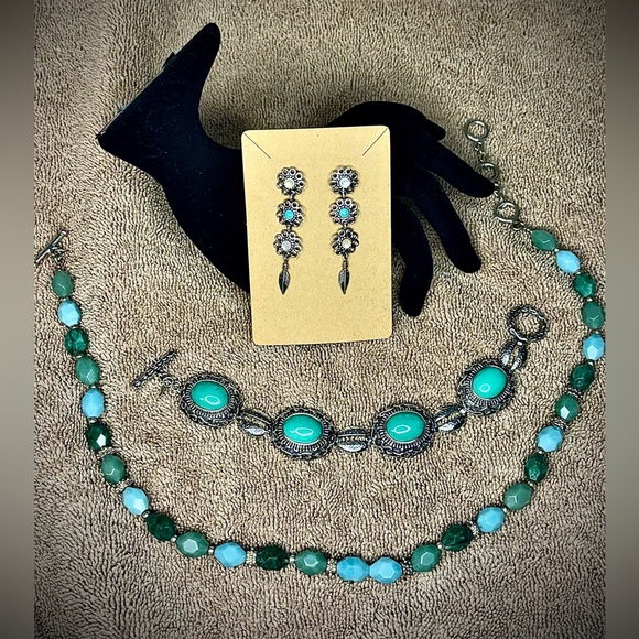 Sterling Turquoise Bracelet & Earrings Set w/ Beaded Necklace item#0045